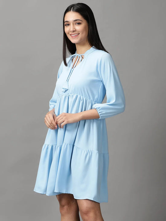 Women's Blue Solid Fit and Flare Dress-AE-15710-Blue