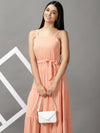 Women's Peach Solid Fit and Flare Dress-AE-15659-Peach