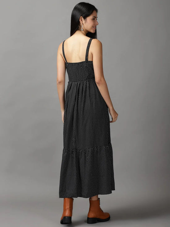 Women's Black Polka Dots Fit and Flare Dress-AE-15663-Black