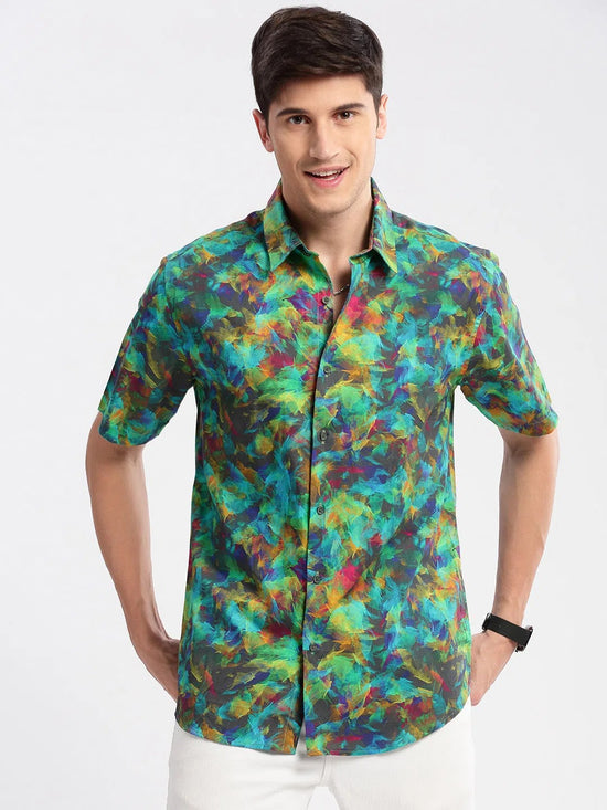 Men Spread Collar Abstract Green Casual Shirt-REVERIE-2113-Green