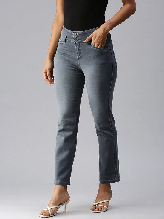 Women's Grey Solid Straight Fit Denim Jeans-SF-15903-3-Grey