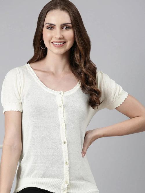 Scoop Neck Solid Puff Sleeves Regular Cream Top-BEC-11-Cream