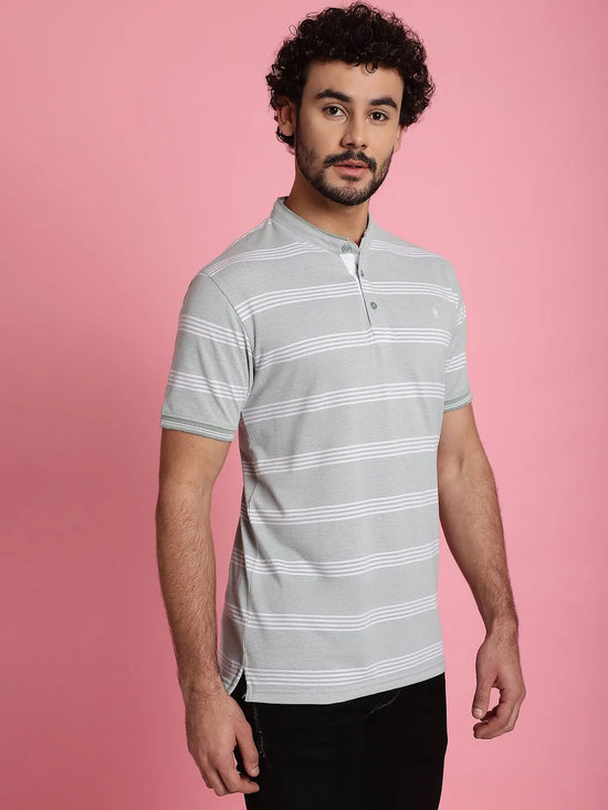 Venitian Men Henley Neck Striped Cotton Light Green T-Shirt