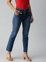 Women's Blue Solid Denim Straight Jeans-CR-7826-Blue