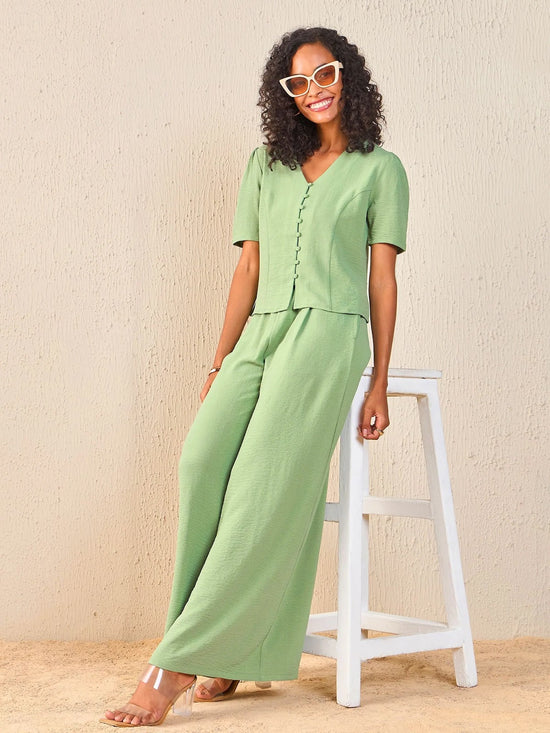 Women Green Front Button Top With Paperback Waist Pants