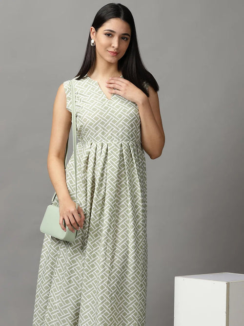 Women's Sea Green Geometrical Fit and Flare Dress-AE-15749-Seagreen