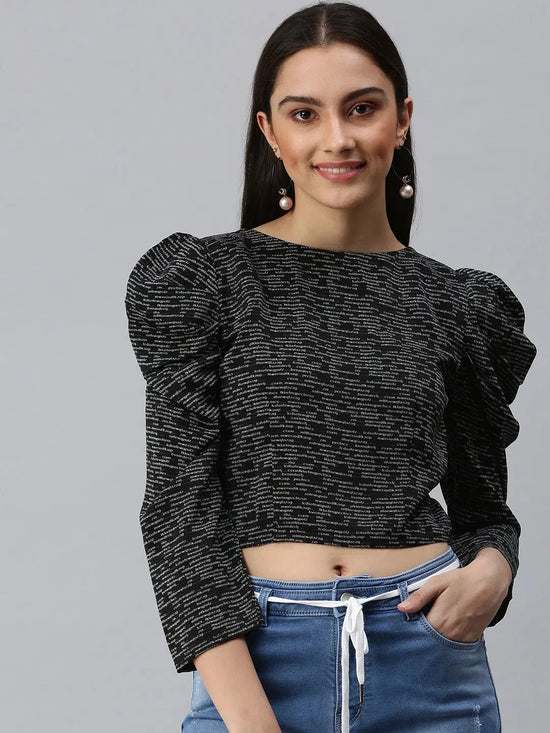 Women Black Printed Crop Fitted Top-AE-7035-Black