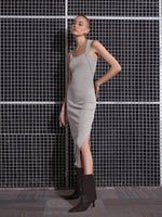 Women Grey Melange Side Slit Bodycon Midi Dress