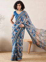 Ahika Women Blue Linen Abstract Printed Saree-VFSAR1014