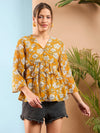 Women Yellow Floral Front Button Frill Peplum Top