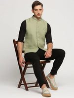 Men Olive Mandarin Collar Solid Nehru Jacket-AK-12527-4-Olive