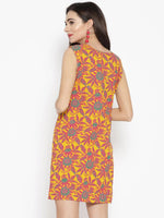 Pleated neck mini Shift Dress with print in Mustard