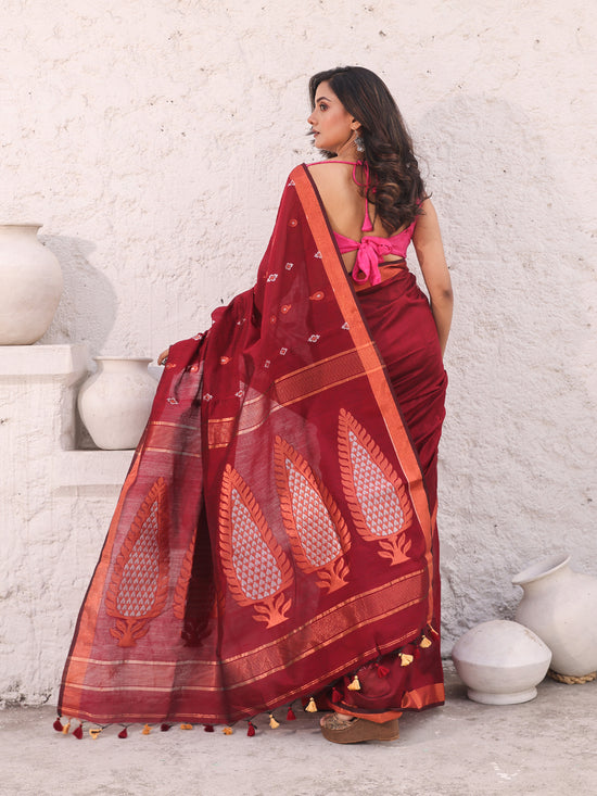 Dark Red Cotton Saree With Woven Designs And Zari Border-MA54BCT041380038