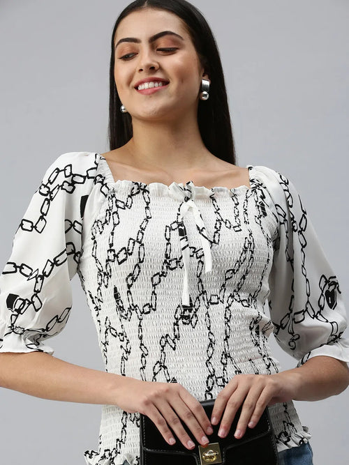 Women White Printed Fitted Top-AE-10276-Whiteblack