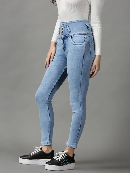 Women's Blue Solid Skinny Fit Denim Jeans-GZ-5318-Blue