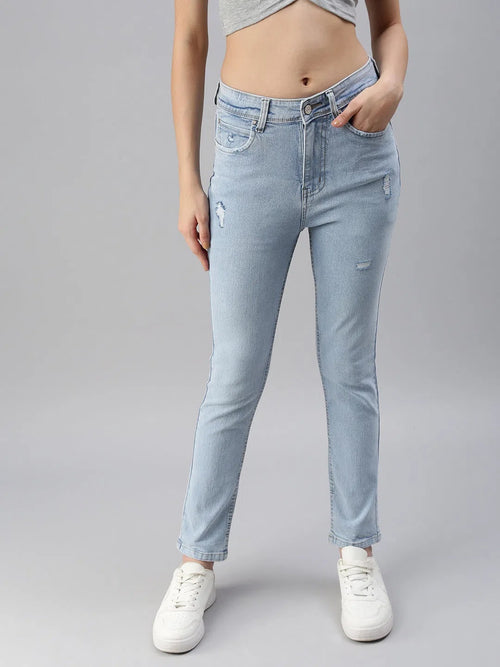 Women's Blue Solid Denim Slim Jeans-GZ-5126A-Blue