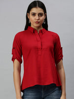 Women's Red Solid Shirt-AE-10232-Red