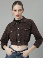 Women Coffee Brown Solid Denim Jacket-GZ-5580-Coffeebrown