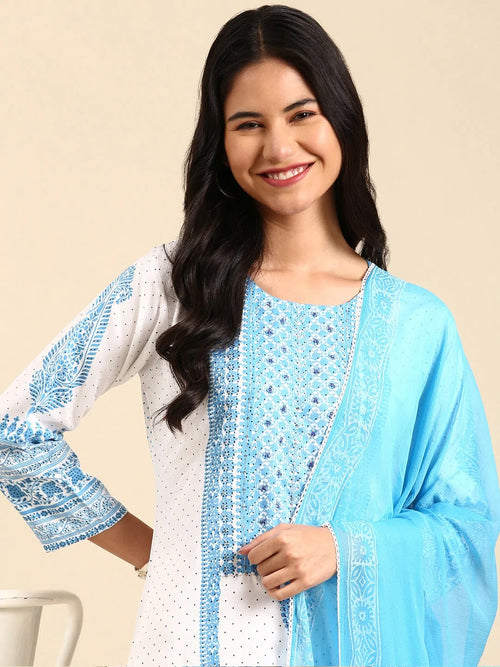 Women's White Printed Kurta Set-AP-012-White