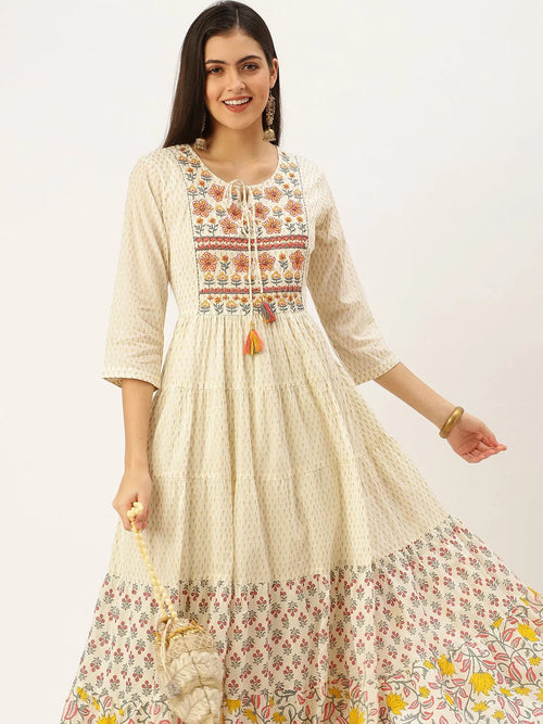 Women's Beige Printed Anarkali Kurtas-AT-A003-LG-Offwhite