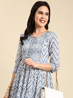 Women's Blue Printed Anarkali Kurta-AT-A621-Blue