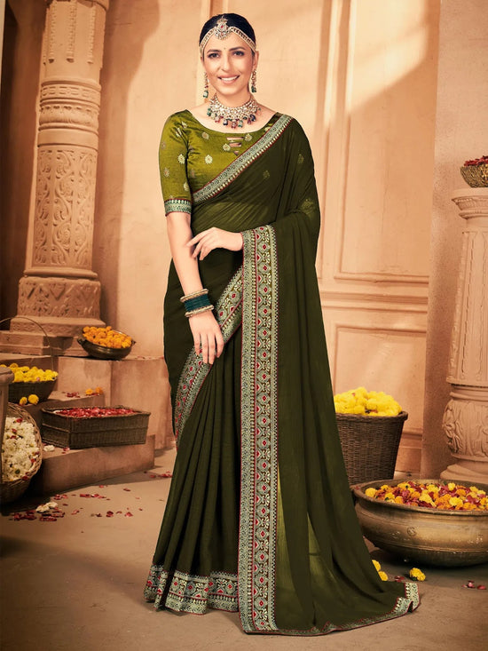 Saree Mall Women's Georgette Olive Embellished Designer Saree With Blouse Piece-VIRAT105