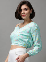 Women's Green Printed Crop Top-AE-10405-Seagreen