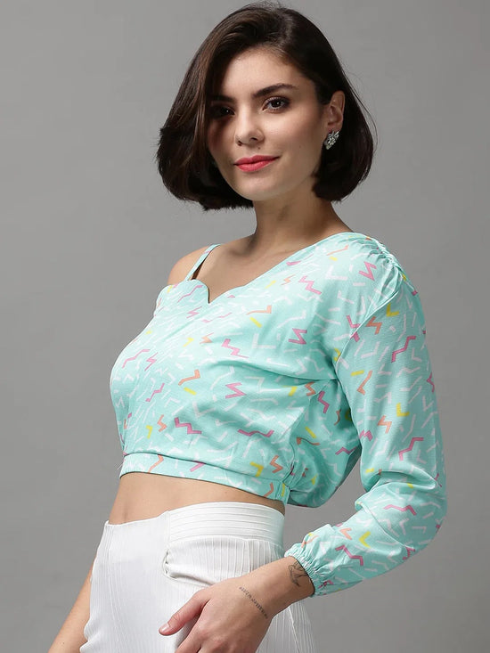 Women's Green Printed Crop Top-AE-10405-Seagreen