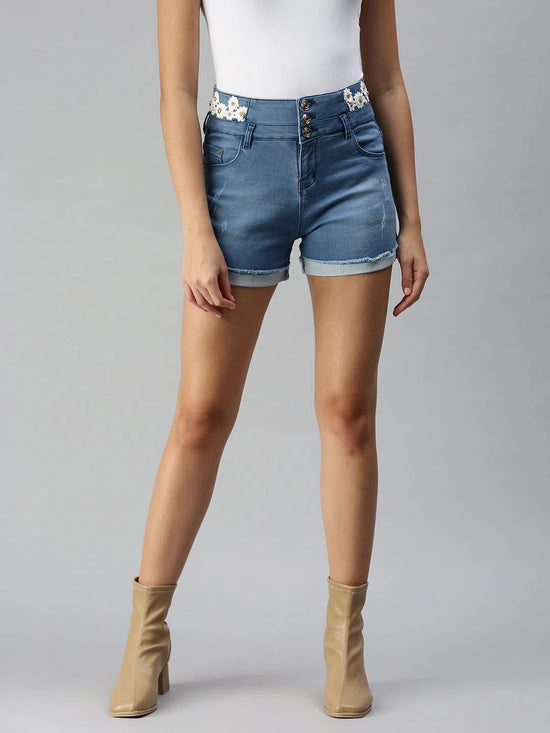 Women's Blue Solid Denim Shorts-S-5546-Blue