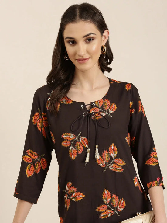 Women Coffee Brown Floral Straight Kurta-NJ-3393332-Coffeebrown