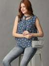 Women's Blue Printed Top-AE-10368-Teal