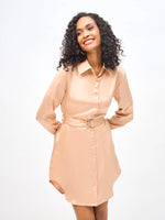 Women Beige Satin Belted Shirt Dress