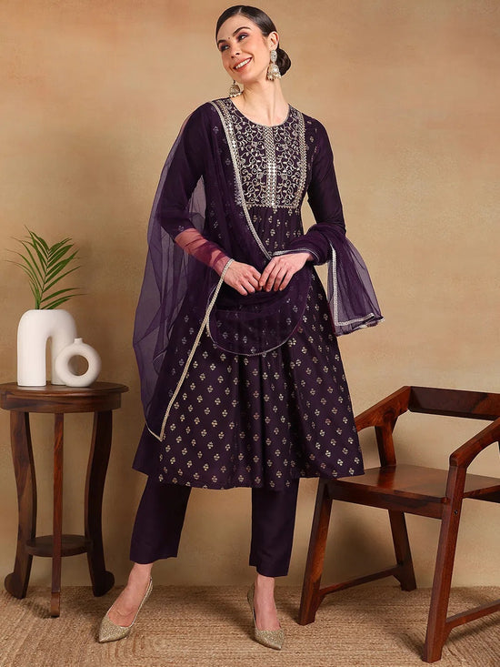 Ahika Women Purple Silk Blend Woven Design A-Line Kurta Pant Set With Dupatta