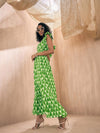 Women Green Leaf Print Back Knot Frill Maxi