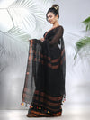 Black Linen Saree With Sequined Work In Stripes-MA56LN331160036