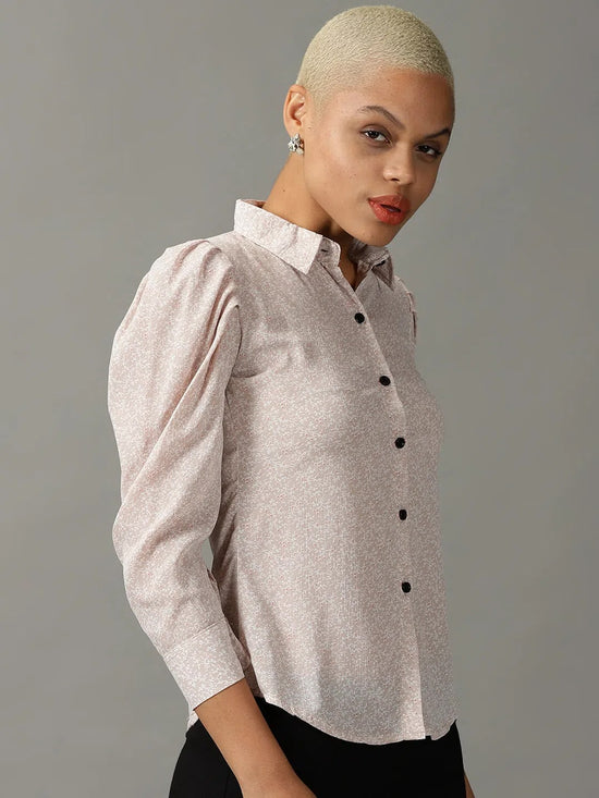 Women's Beige Printed Shirt-AE-10365-Beige