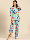 Kurta Pyjama nightwear Set in Aqua Blue Print