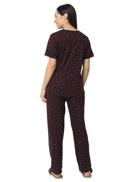 Smarty Pants Women's Cotton Lycra Wine Color Heart Print Night Suit