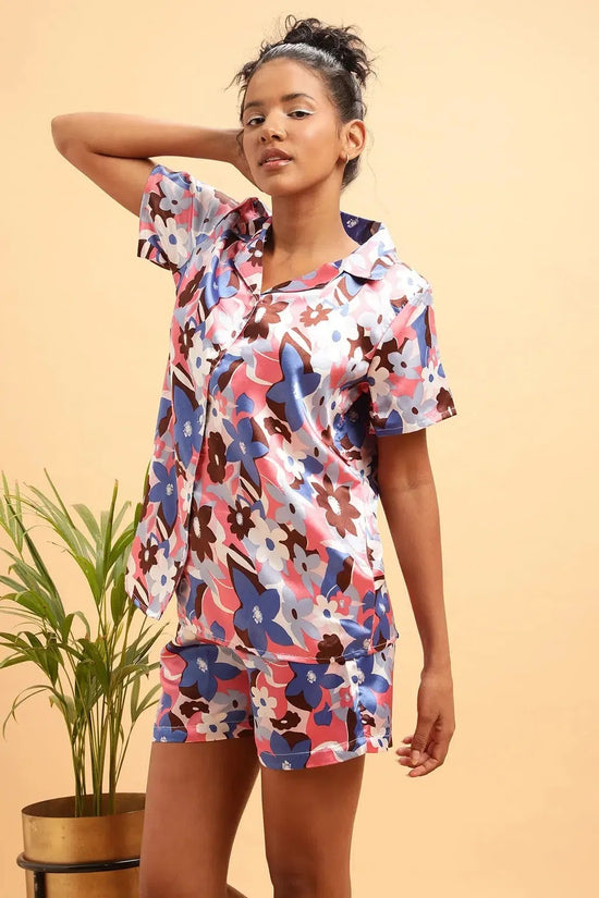 Clovia Pretty Florals Button Down Shirt & Shorts Set in Multicolour - Satin