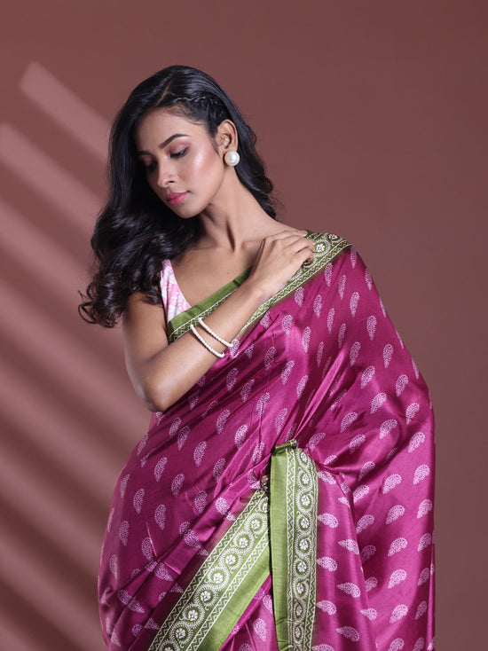 Burgundy Silk Soft Saree With Paisley Print-MA60BSL01400043