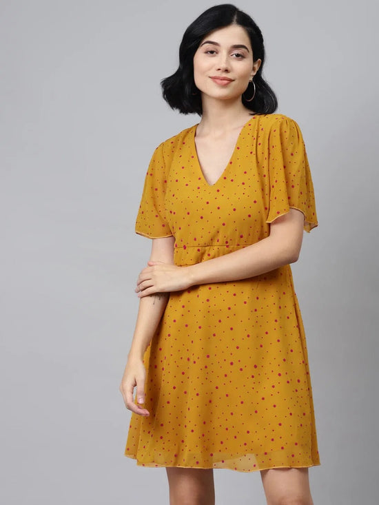 Mustard Flock Print Skater Dress