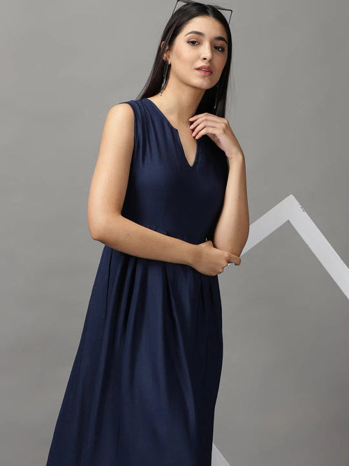 Women's Navy Blue Solid Fit and Flare Dress-AE-15750-Navyblue