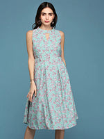 Women's Sea Green Floral A-Line Dress-AE-15709-Seagreen