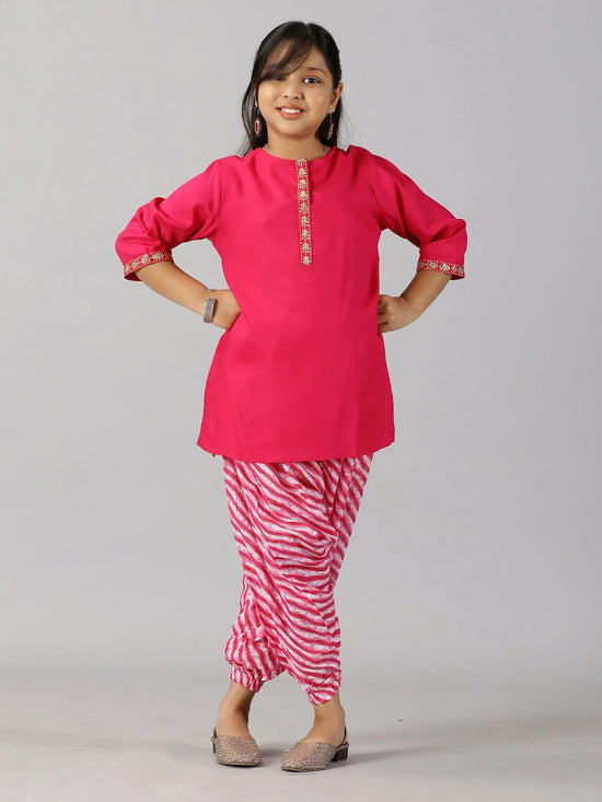 Girls 3/4Th Sleeve Short Kurta & Jodhpuri Pant Set-AW23GKUPP631009