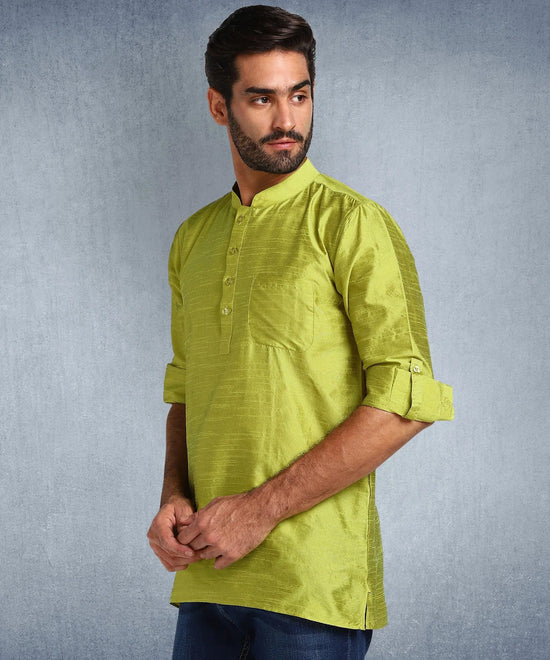 Hangup Men Standard Solid Men's Indian Wear-Parrot_Dupion_Patch_Short2Kurta