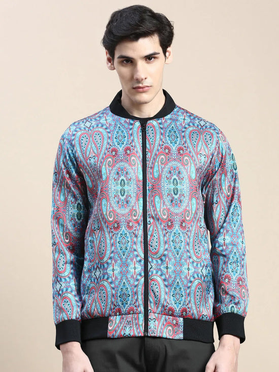 Men Blue Printed Casual Bomber Jacket-AROMATICDIGITALPRINT-2178-Blue