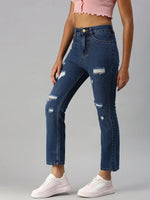 Women's Blue Solid Straight Fit Denim Jeans-GZ-2543C-Blue