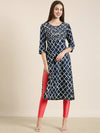 Women Navy Blue Geometrical Straight Kurta-AT-A396-K-Navyblue