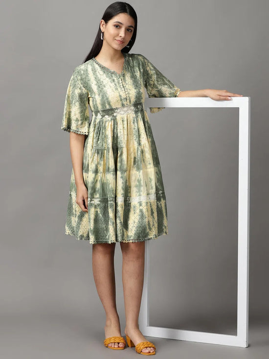 Women's Green Tie Dye Fit and Flare Dress-GW-3290-Olive