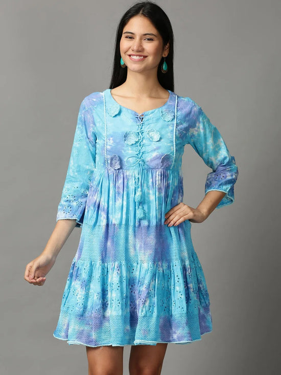 Women's Blue Printed Fit and Flare Kurti-GW-3294-Blue